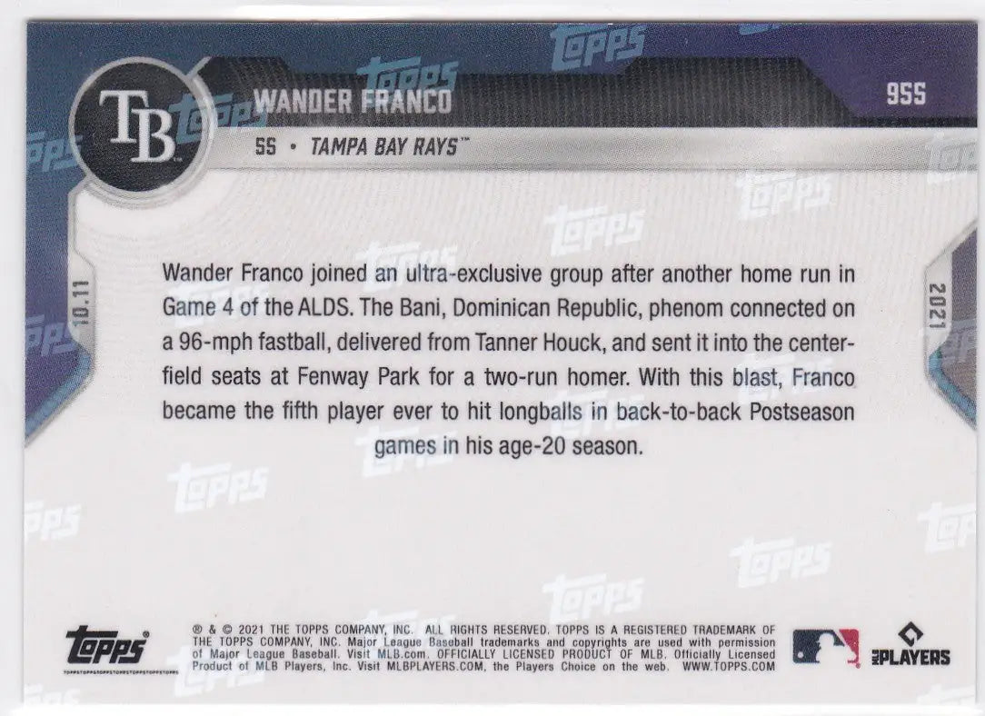 Wander Franco baseball card back featuring Tampa Bay Rays team info and stats