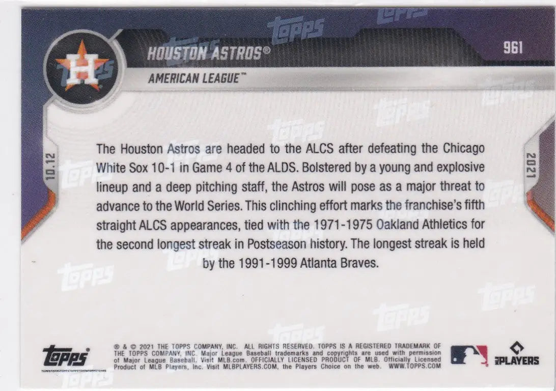 Houston Astros baseball card back from 2021 TOPPS NOW #961 showcased on product page