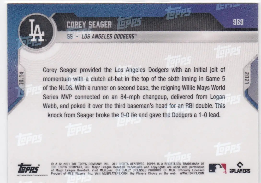 Corey Seager Los Angeles Dodgers baseball card from 2021 TOPPS NOW series