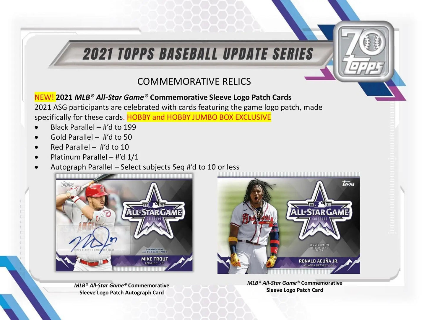 2021 Topps Update Series Baseball Hobby Box with Topps commemorative relics, red and gold parallels