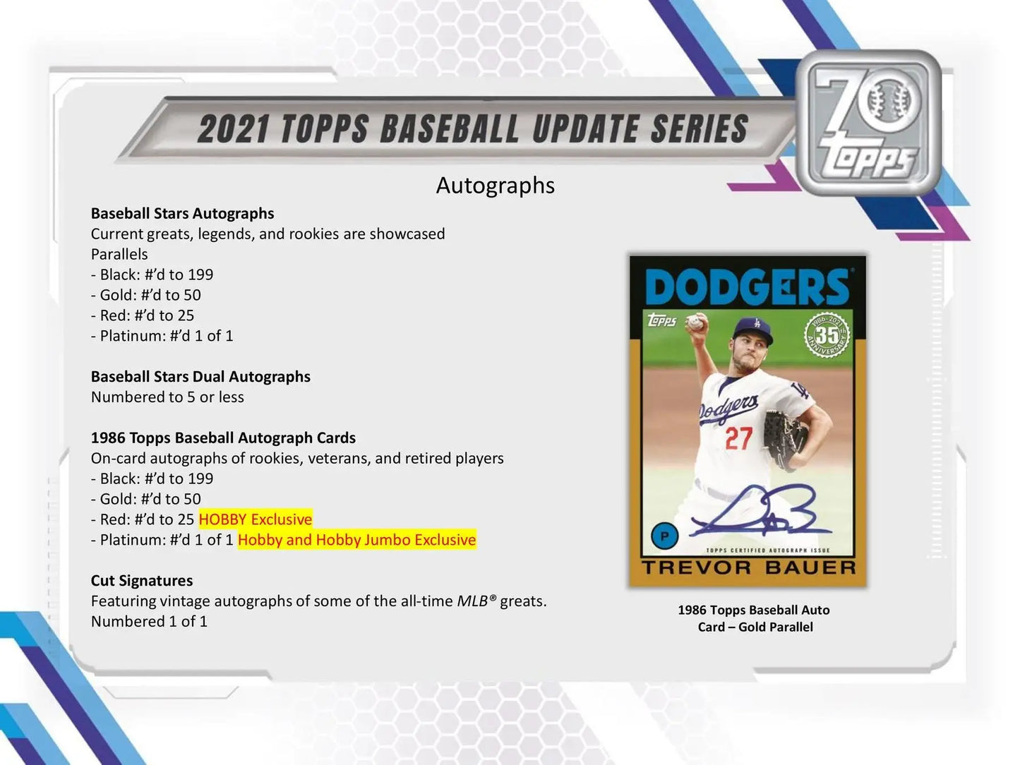 Baseball card advertisement featuring 2021 Topps Update Series Hobby Jumbo with red and gold parallels