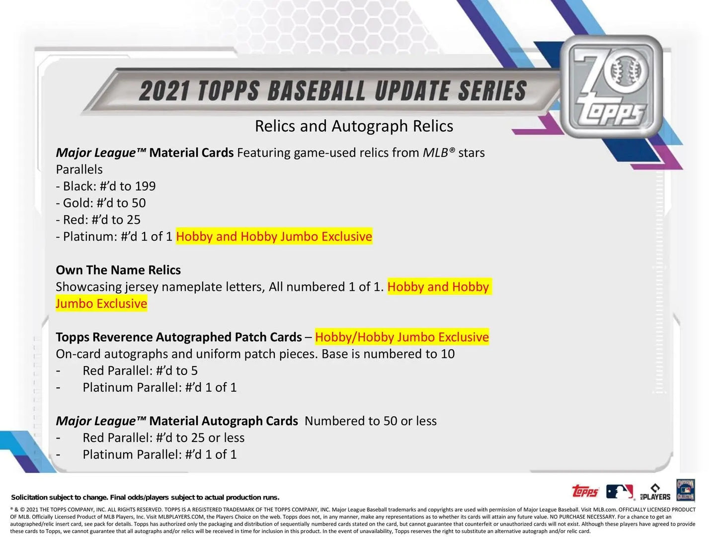 2021 Topps Update Series Baseball Hobby Box with relics including red and gold parallels