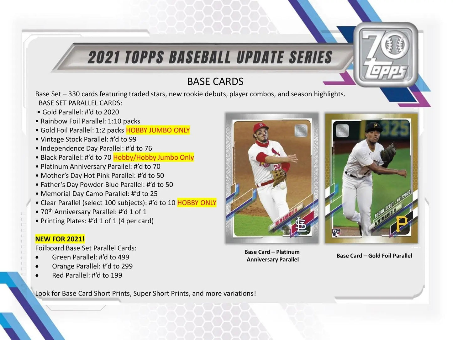 Baseball card product details from 2021 Topps Update Series Hobby Jumbo box featuring red and gold parallels