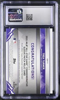 Graded Trea Turner baseball card with game sleeve patches from 2021 Topps Update Trea Turner series