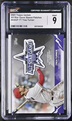Graded Tre Turner baseball card with game sleeve patches from 2021 Topps Update Trea Turner