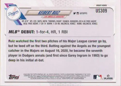 Keibert Ruiz baseball card from 2021 Topps Update with original gloss and sports cards