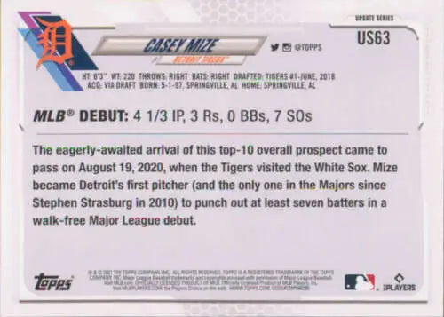 Casey Mize baseball card from 2021 Topps Update featuring original gloss and Tigers Rookie Debut