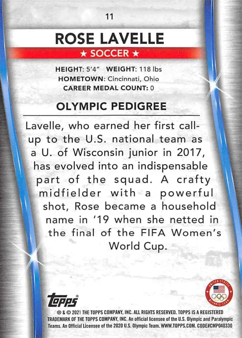 Rose Lavelle soccer card showcasing her Olympic pedigree and career highlights