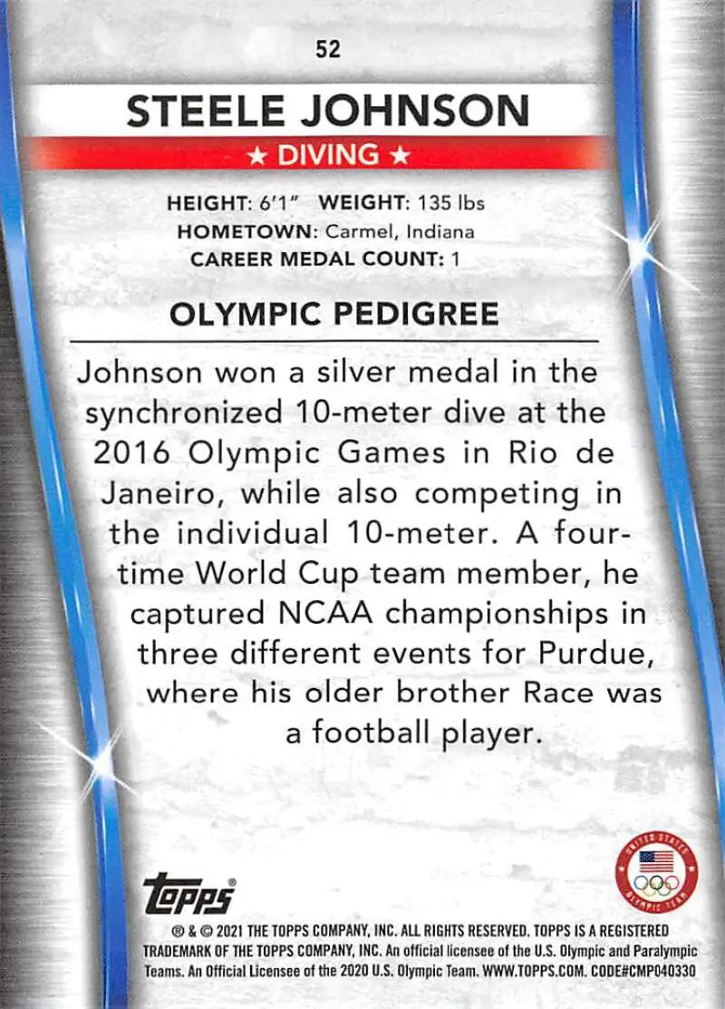 Steele Johnson diving card featuring athlete statistics and achievements