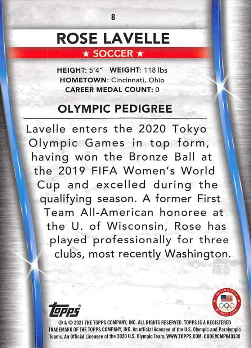 Team USA soccer player Rose Lavelle trading card highlighting Olympics and Paralympics achievements