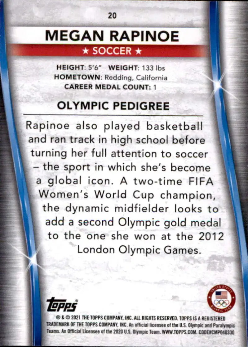 Megan Rapinoe 2021 Topps US Olympics Bronze Soccer Card with player statistics and achievements