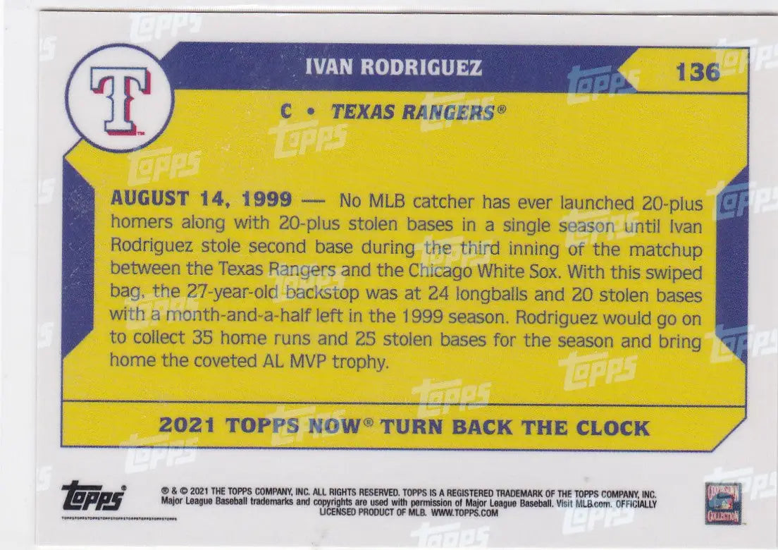 2021 TURN BACK THE CLOCK #136 IVAN RODRIGUEZ- TEXAS RANGERS