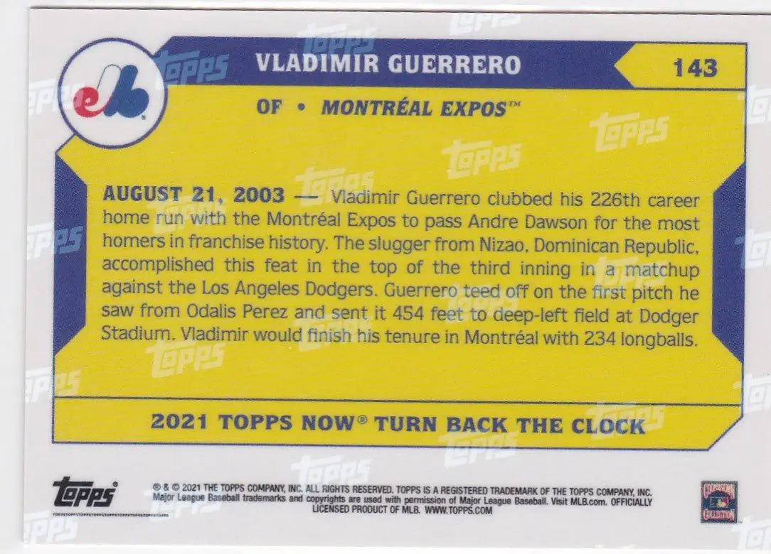 Baseball card of Vladimir Guerrero from 2021 Turn Back The Clock Montreal Expos series