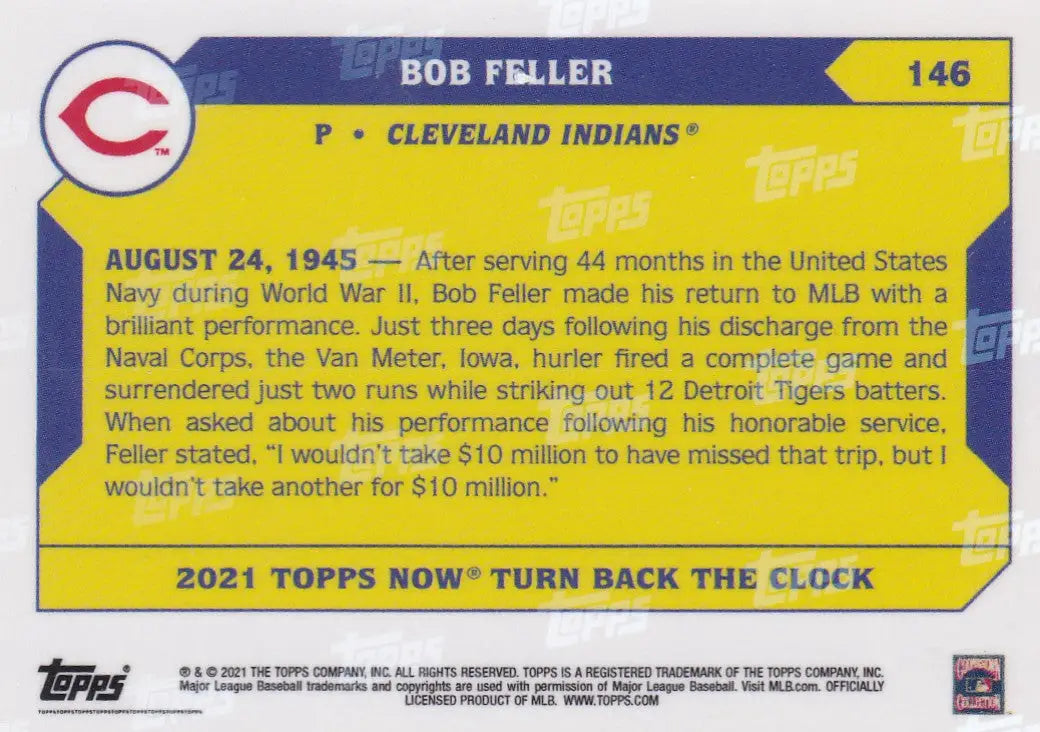 Baseball card featuring Bob Feller Cleveland Indians with yellow and blue sections