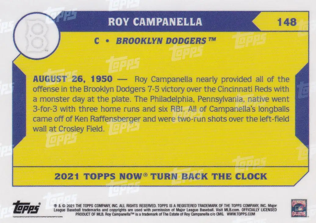 Baseball trading card of Roy Campanella Brooklyn Dodgers from 2021 Turn Back the Clock series