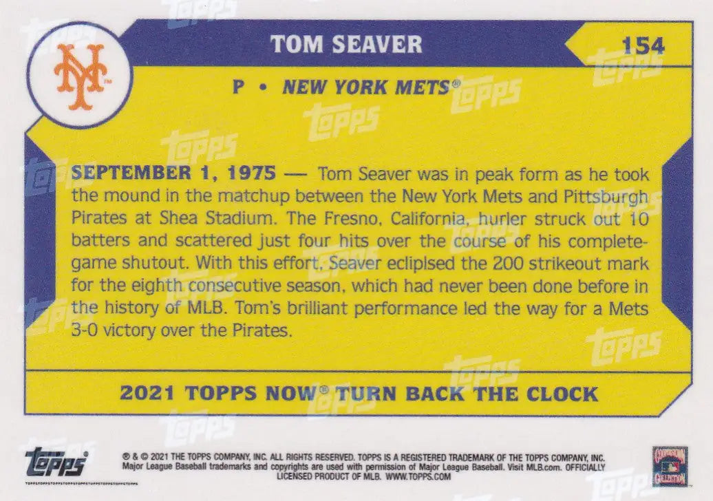 Back of a baseball trading card featuring Tom Seaver of the New York Mets