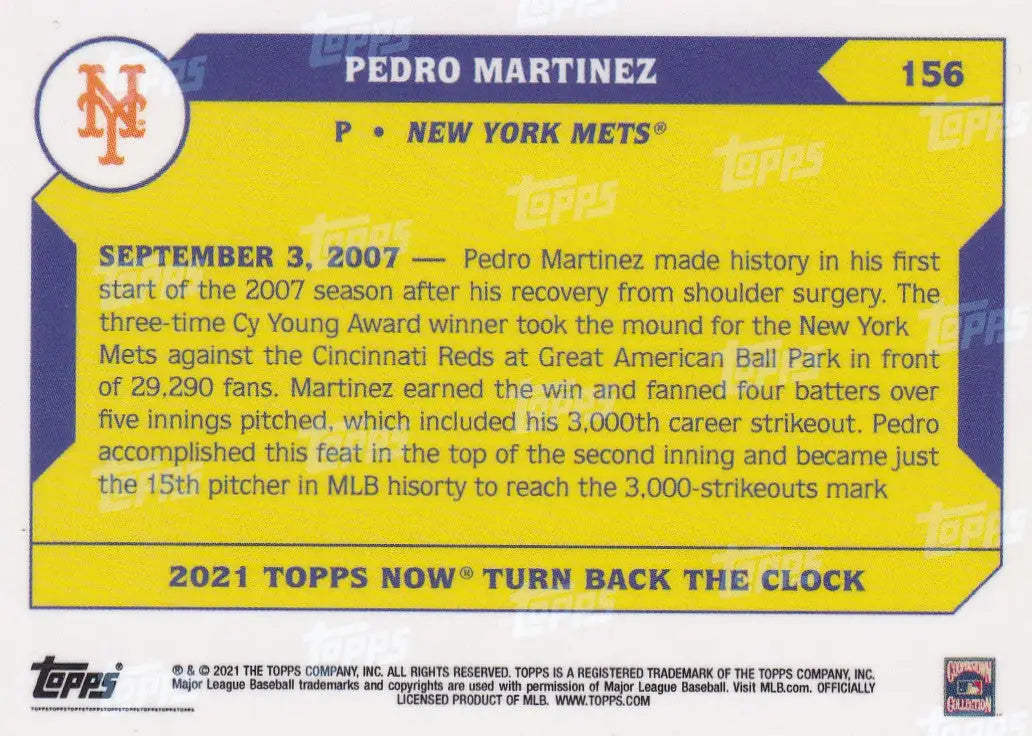 Pedro Martinez New York Mets baseball trading card from 2021 TURN BACK THE CLOCK series