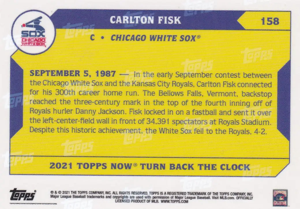Baseball trading card of Carlton Fisk Chicago White Sox player for 2021 TURN BACK THE CLOCK