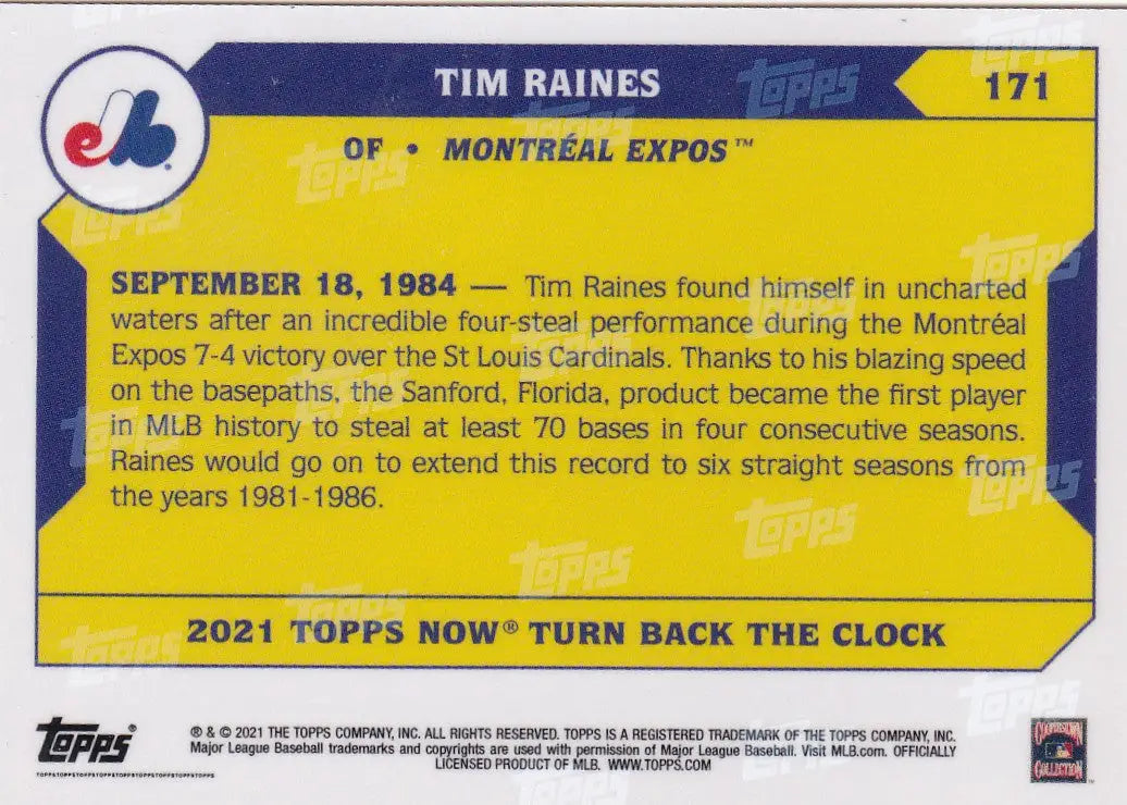 2021 Topps Now Turn Back The Clock Tim Raines Montreal Expos baseball card image