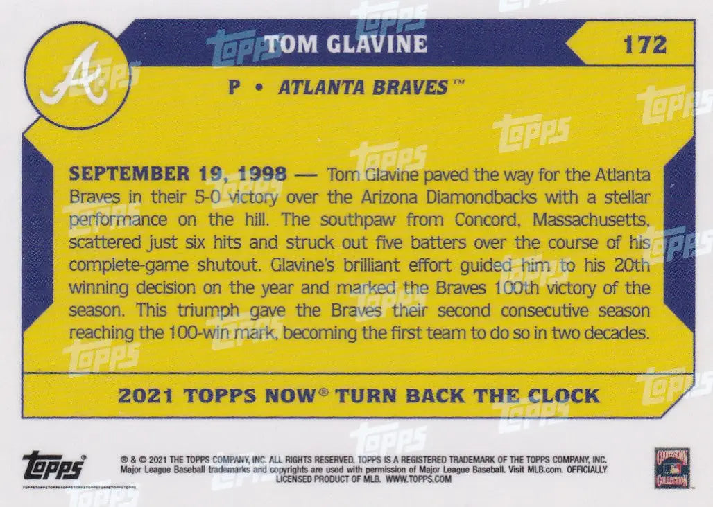 Sports trading card featuring Tom Glavine Atlanta Braves 2021 TURN BACK THE CLOCK #172