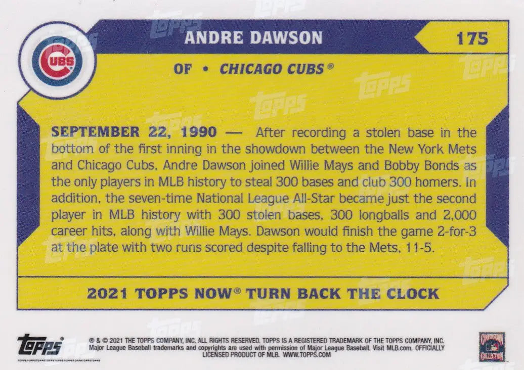 Andre Dawson Chicago Cubs trading card with logo and career highlight for 2021 Turn Back the Clock