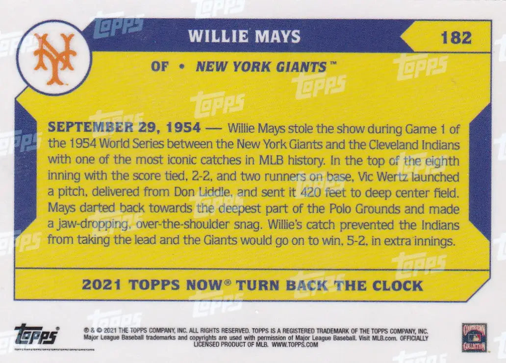 Back of a yellow and blue Willie Mays baseball card from 2021 TURN BACK THE CLOCK YORK GIANTS