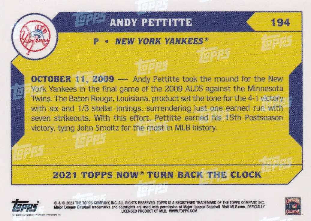 Yellow and blue Andy Pettitte baseball card for New York Yankees 2021 TURN BACK THE CLOCK