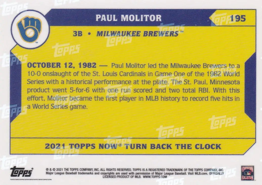 Baseball trading card of Paul Molitor- Milwaukee Brewers with yellow and blue design