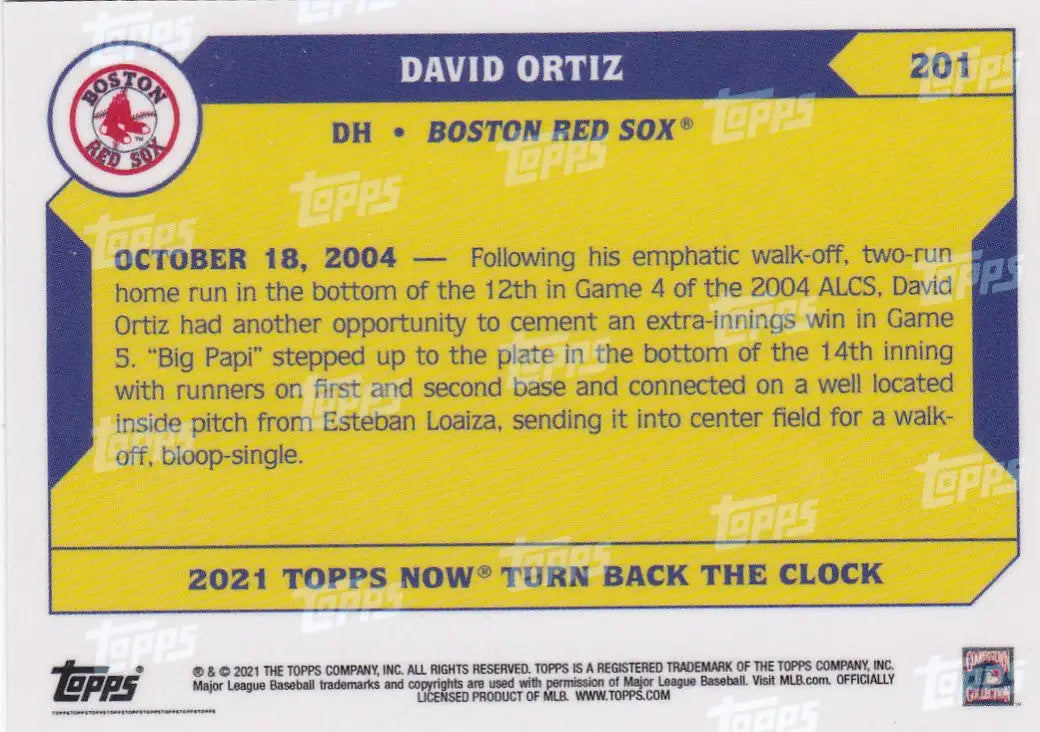 Reverse side of 2021 Topps Now baseball card for David Ortiz Boston Red Sox player