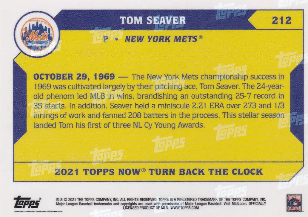 Yellow and blue baseball card of Tom Seaver for the New York Mets 2021 product