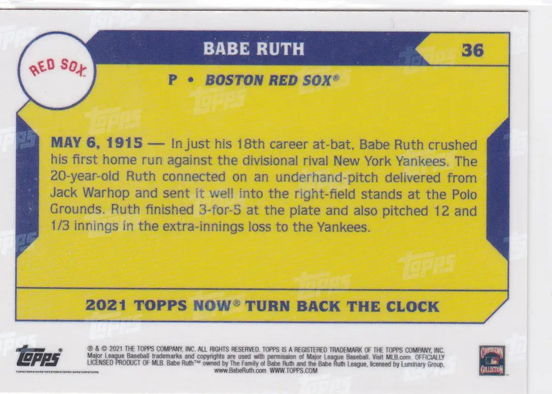 2021 TURN BACK THE CLOCK Babe Ruth baseball trading card featuring Boston Red Sox player