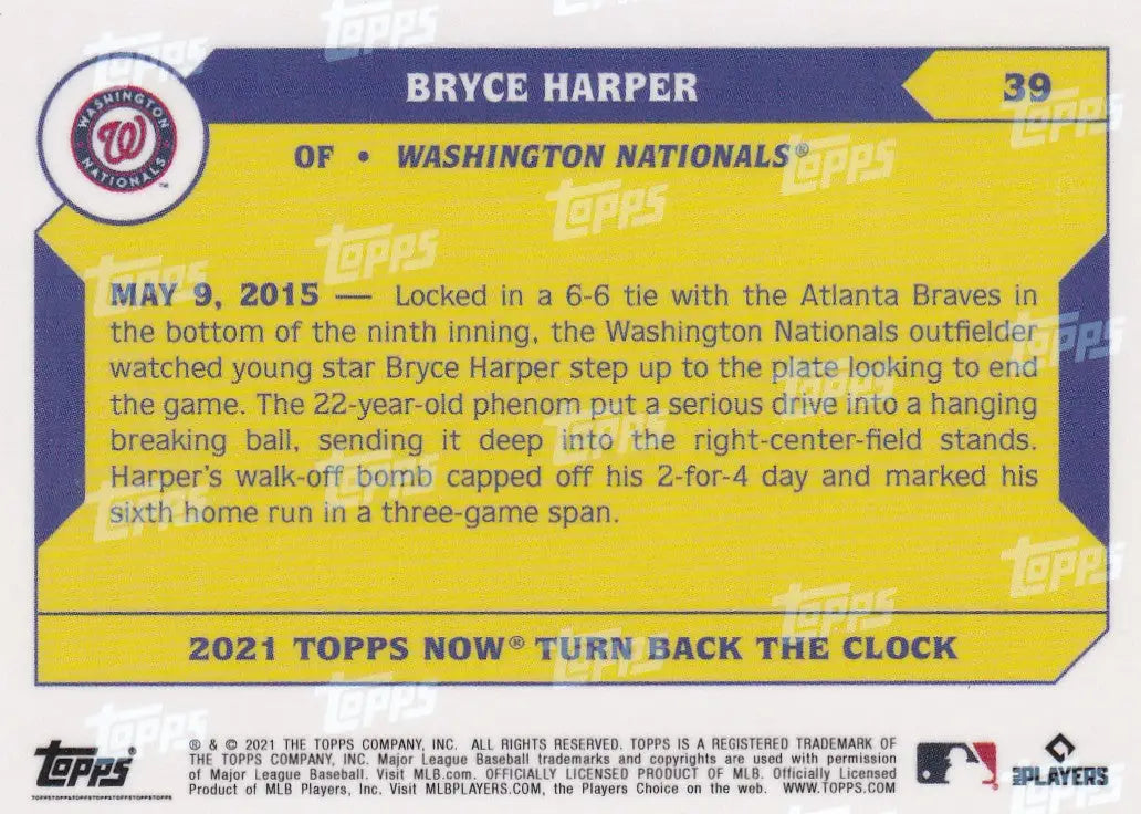 Baseball trading card of Bryce Harper Washington Nationals 2021 TURN BACK THE CLOCK
