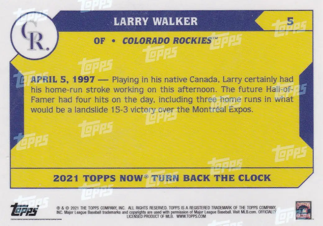 Baseball trading card of Larry Walker of the Colorado Rockies from 2021 TURN BACK THE CLOCK series