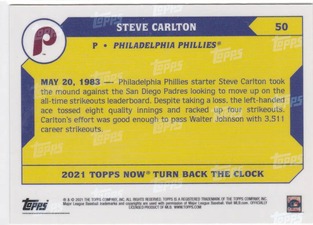 Back of a yellow baseball card featuring blue and white accents of Steve Carlton Philadelphia Phillies 2021 card