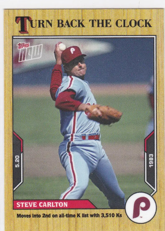 Baseball card of Steve Carlton pitching for the Philadelphia Phillies in 2021 product