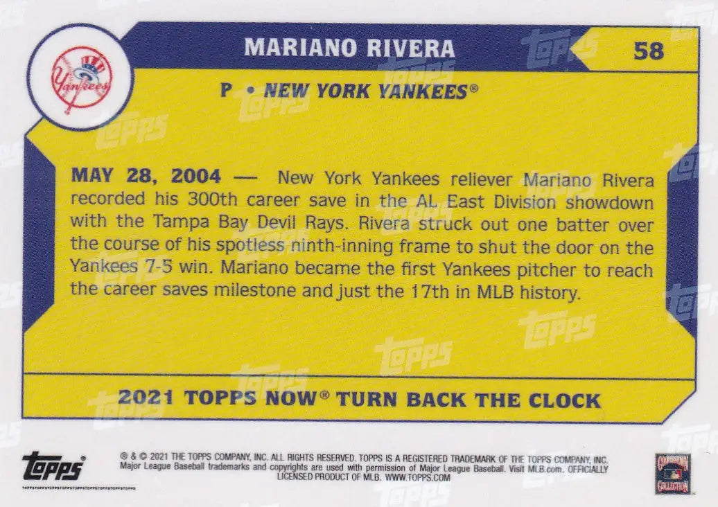 2021 TURN BACK THE CLOCK #58 MARIANO RIVERA- NEW YORK YANKEES