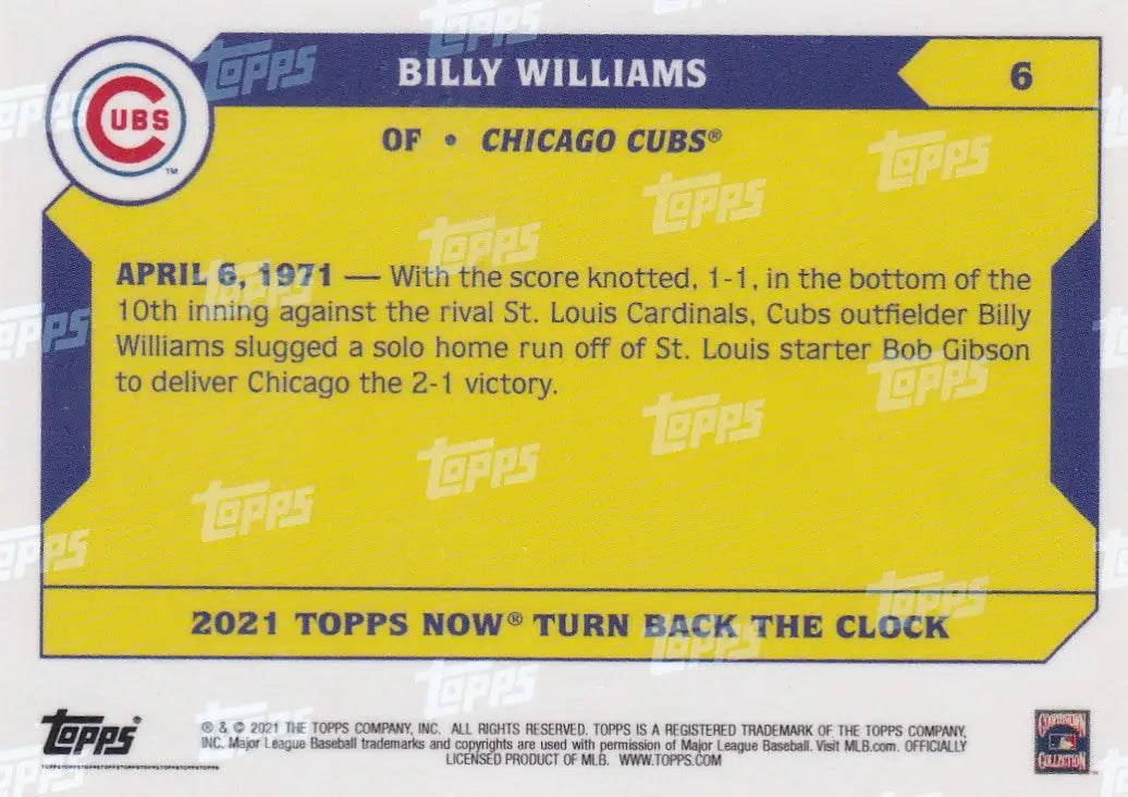 Baseball card featuring Billy Williams Chicago Cubs with yellow background for 2021 TURN BACK THE CLOCK