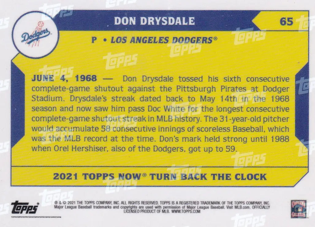 2021 TURN BACK THE CLOCK #65 DON DRYSDALE- LOS ANGELES DODGERS