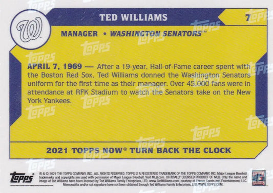Baseball trading card featuring Ted Williams Washington Senators with blue and yellow design