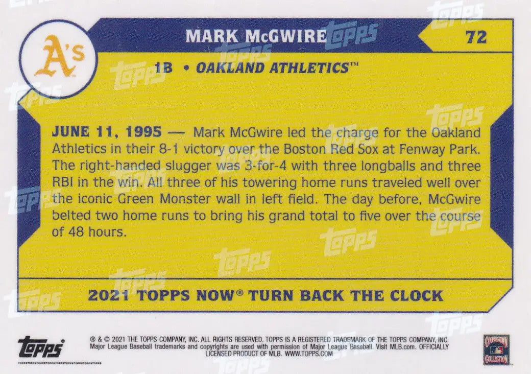 2021 TURN BACK THE CLOCK #72 MARK MCGWIRE- OAKLAND ATHELTICS