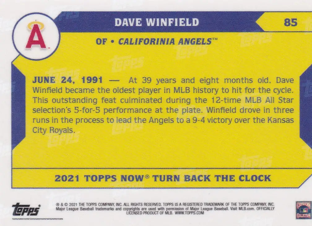 2021 TURN BACK THE CLOCK #85 DAVE WINFIELD- CALIFORINIA ANGELS