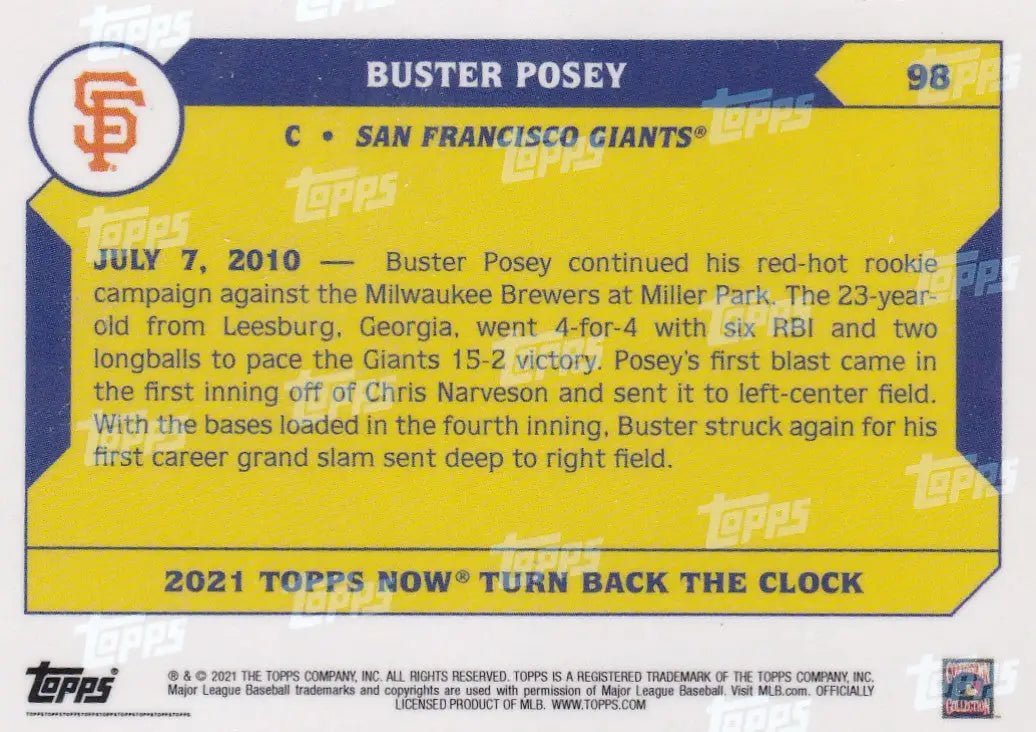 2021 TURN BACK THE CLOCK #98 BUSTER POSEY- SAN FRANCISCO GIANTS