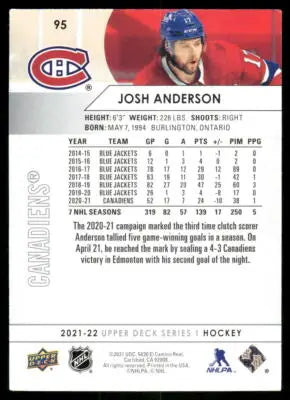 Josh Anderson hockey card from 2021 Upper Deck Series featuring Josh Anderson in a collectible card