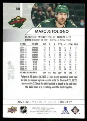 Upper Deck Marcus Foligno hockey trading card from 2021 Upper Deck series