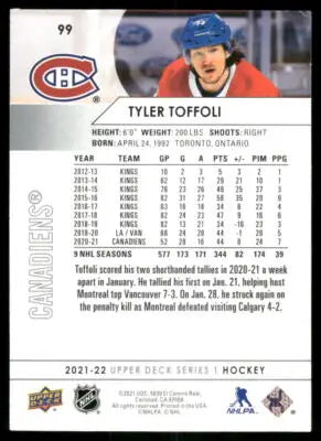2021 Upper Deck Tyler Toffoli #99 Hockey card featuring Tyler Toffoli from Upper Deck series