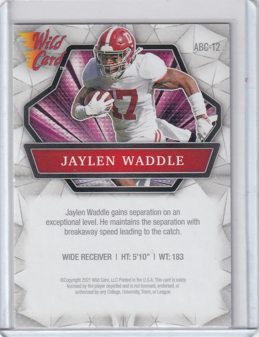 Wild Card football trading card featuring Jaylen Waddle ABC-12 Jaylen Alabama 2021