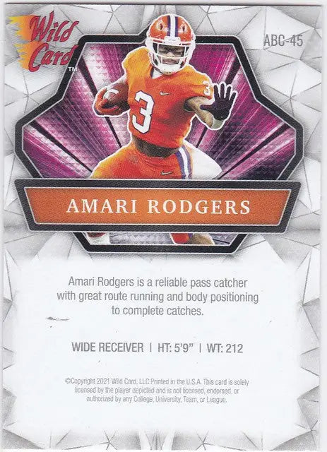 Football trading card of Amari Rodgers in orange uniform, Wild Card Alumination