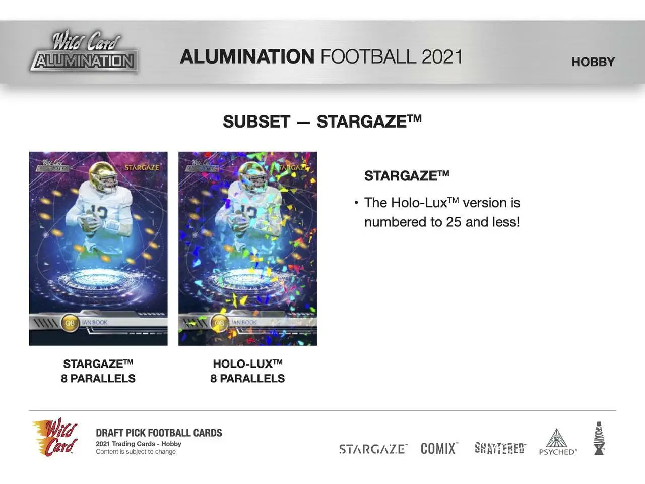 Promotional page for Wild Card Alumination Football 2021 trading cards in alumination football hobby box