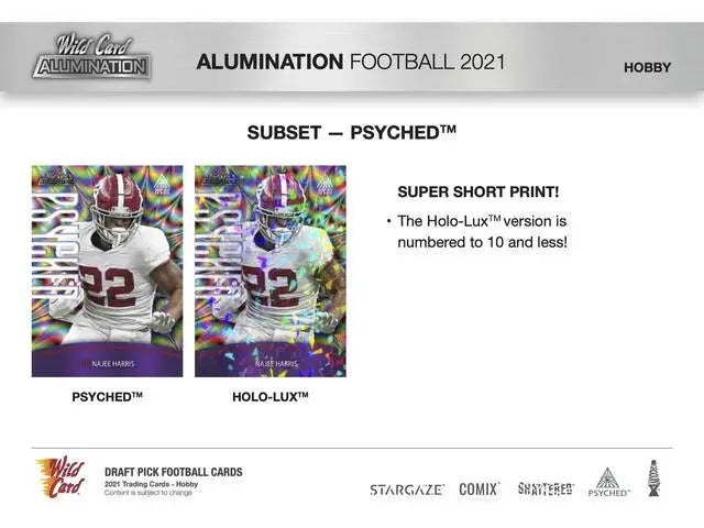 Promotional flyer for 2021 Wild Card Alumination Football Hobby Box with Psyched and Holo-Lux cards