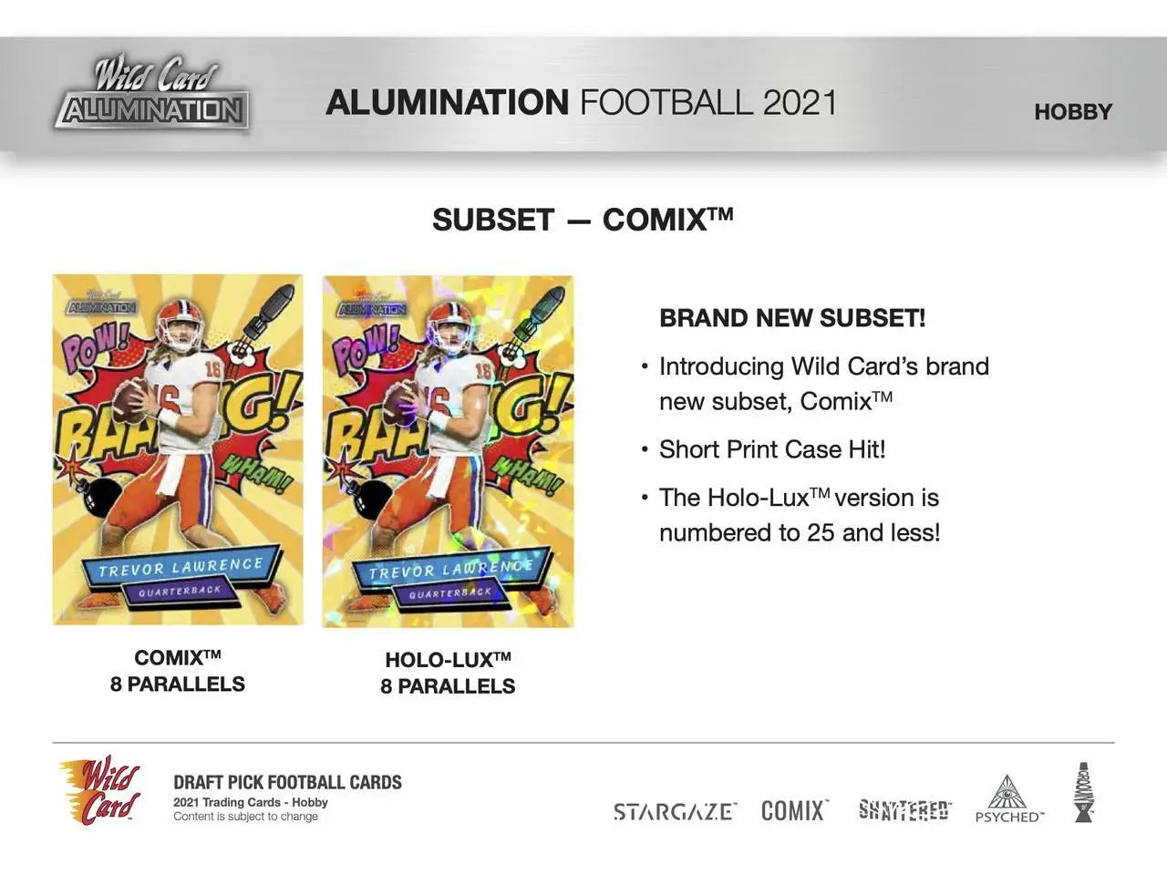 Wild Card Alumination Football Hobby Box display featuring Comix and Holo-Lux subsets with black chase packs